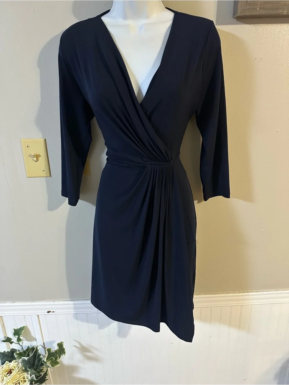 Michael Kors Navy Faux-Wrap Long Sleeve Dress